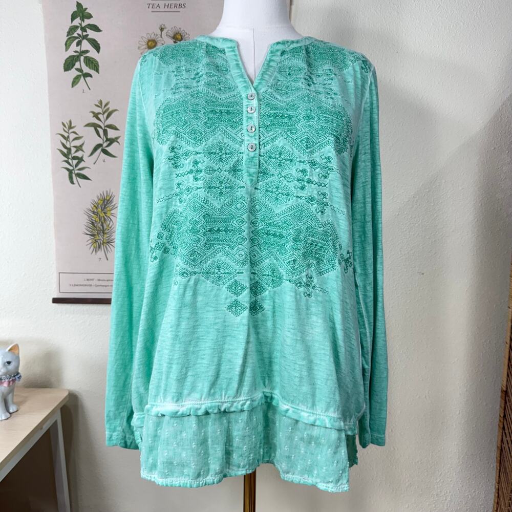 Vtg Y2k Embroidered Henley Tunic Top Boho Hippie Fairy Grunge Coastal Cowgirl L